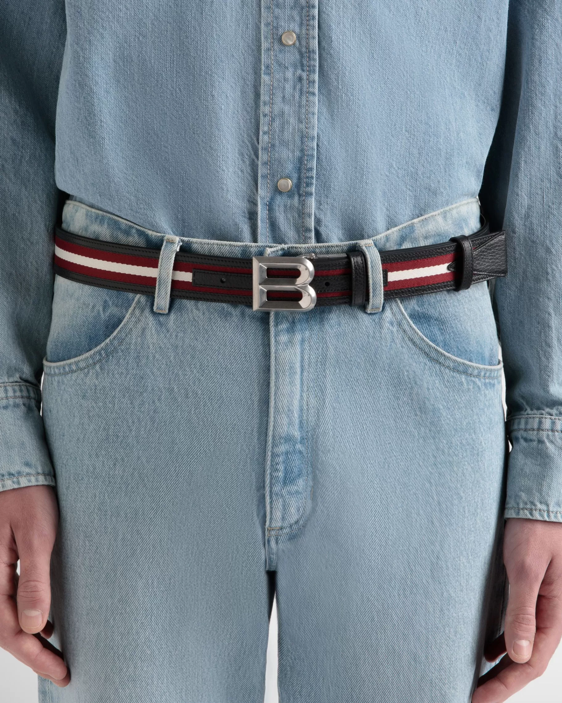 Belts<Bally B Bold 35mm Reversible Belt in White Fabric And Leather Red