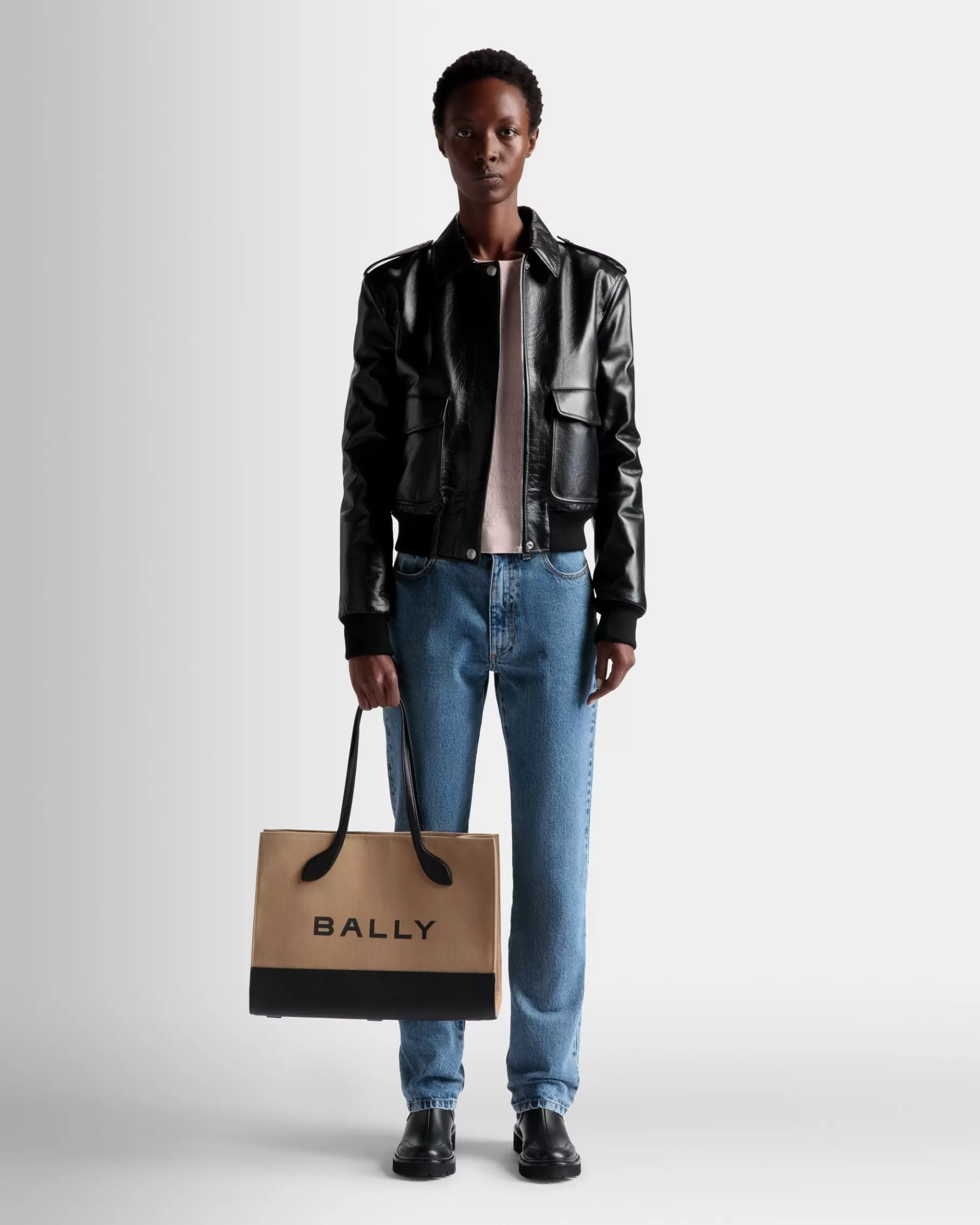 Tote Bags<Bally Bar Tote Bag In Sand And Black Fabric Beige
