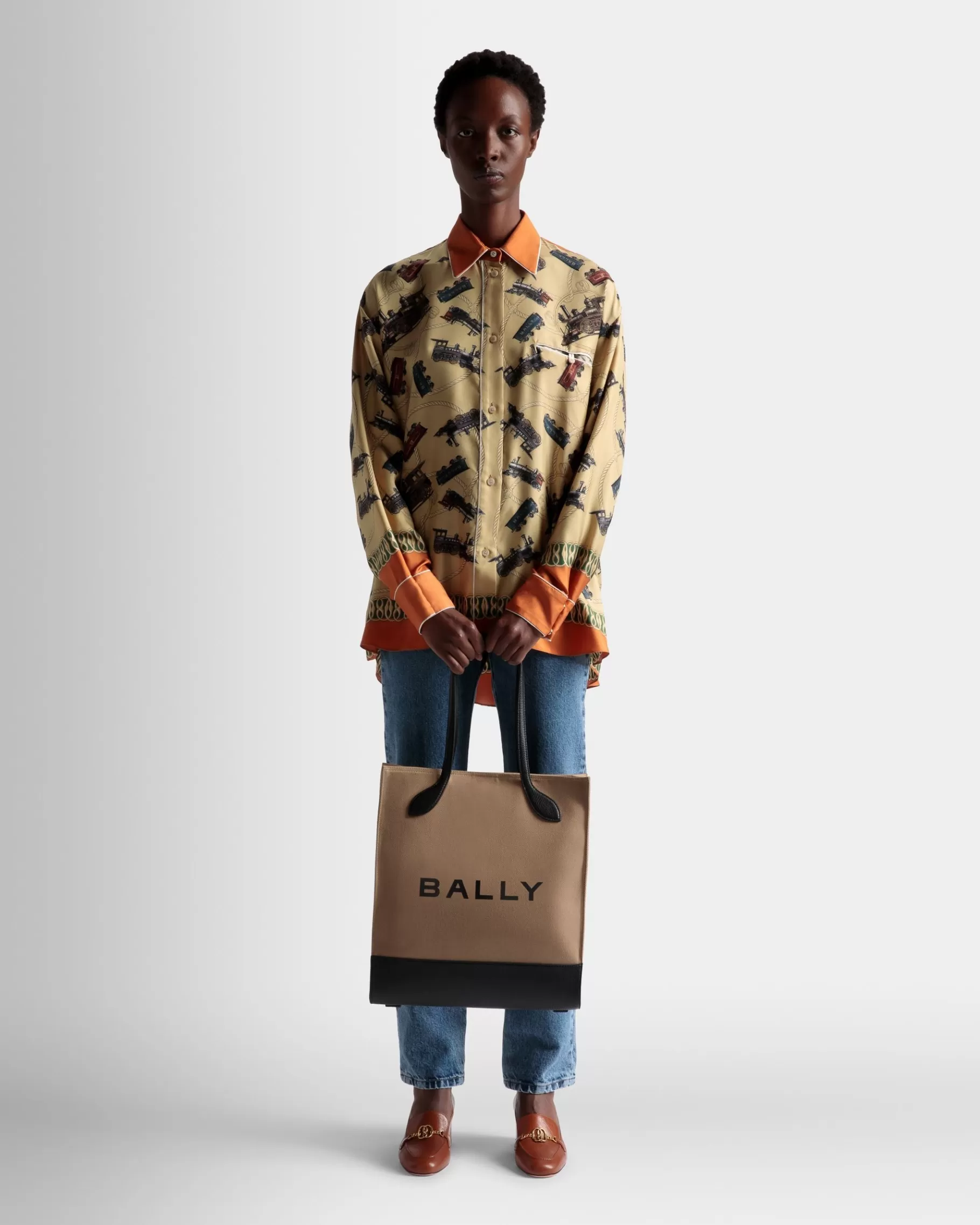 Tote Bags<Bally Bar Tote Bag In Sand And Black Fabric Beige