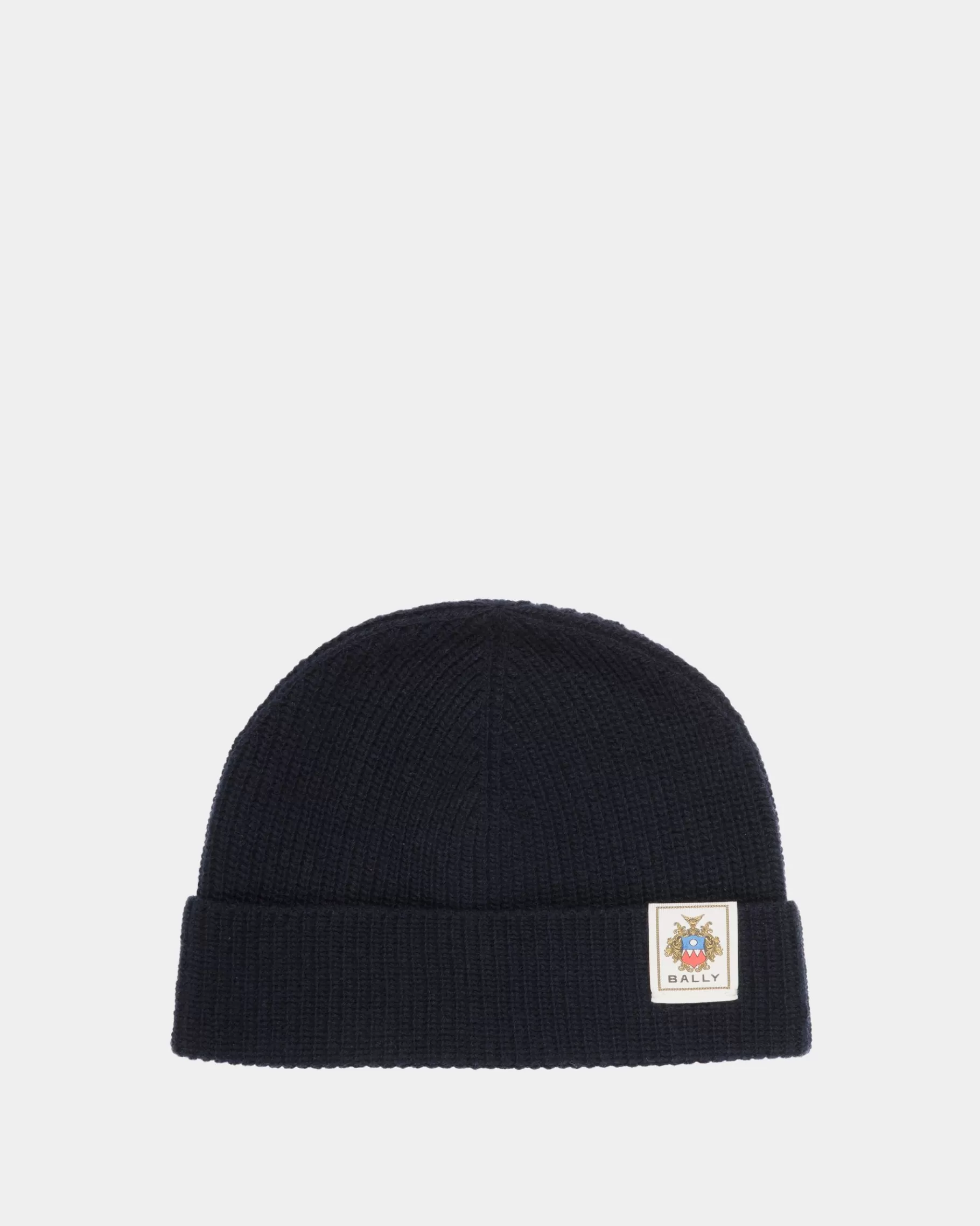 Gloves & Hats<Bally Beanie With Crest Logo In Navy Wool Blue