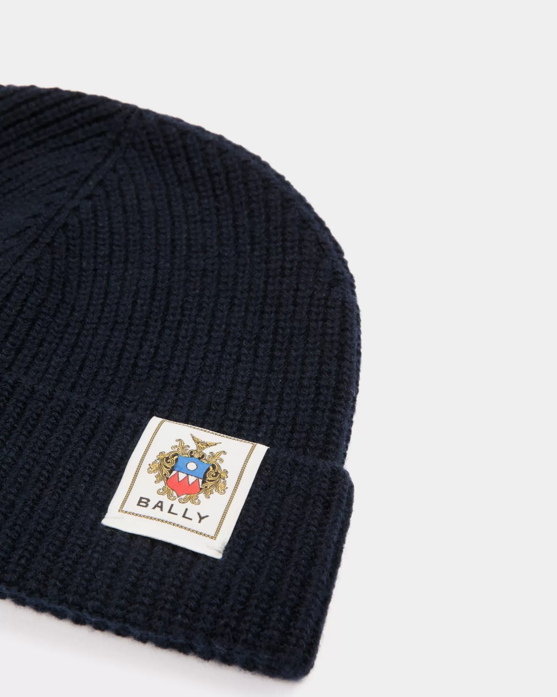 Gloves & Hats<Bally Beanie With Crest Logo In Navy Wool Blue