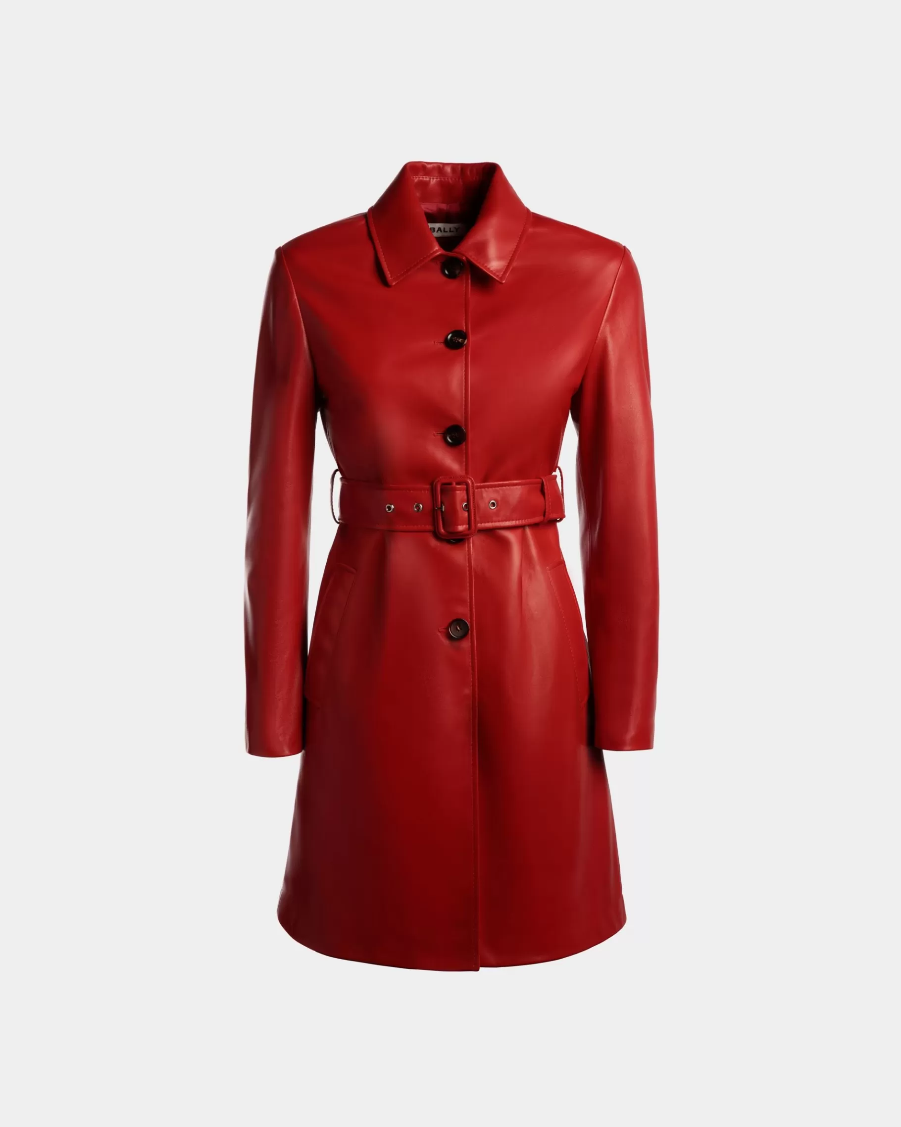 Coats & Jackets | Leather<Bally Belted Midi Coat in Candy Leather Red