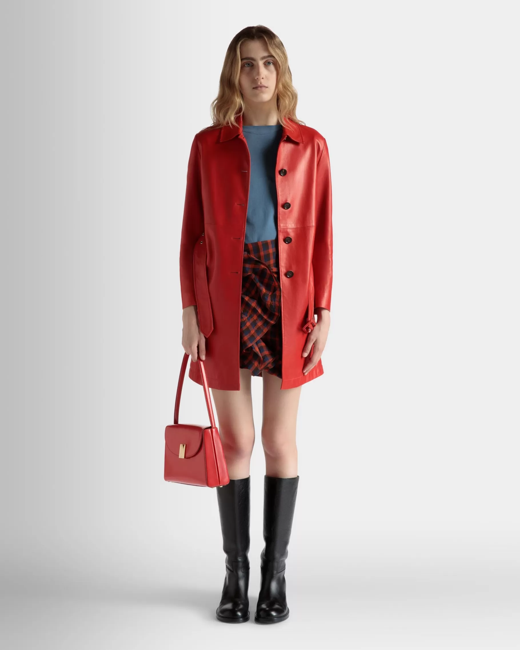 Coats & Jackets | Leather<Bally Belted Midi Coat in Candy Leather Red