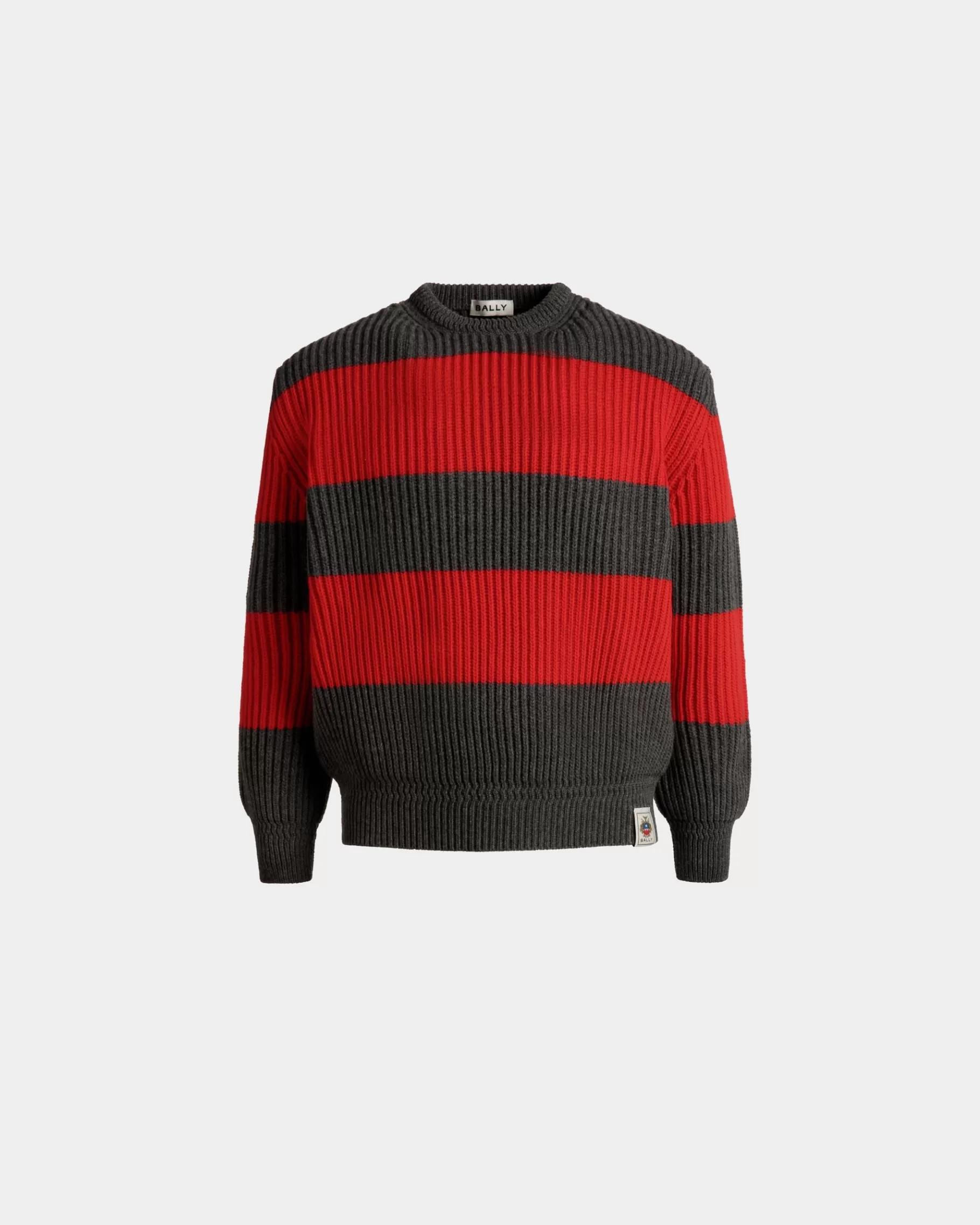 Knitwear<Bally Crewneck Sweater With Crest Logo In Candy Red And Dark Grey Wool Multicolor