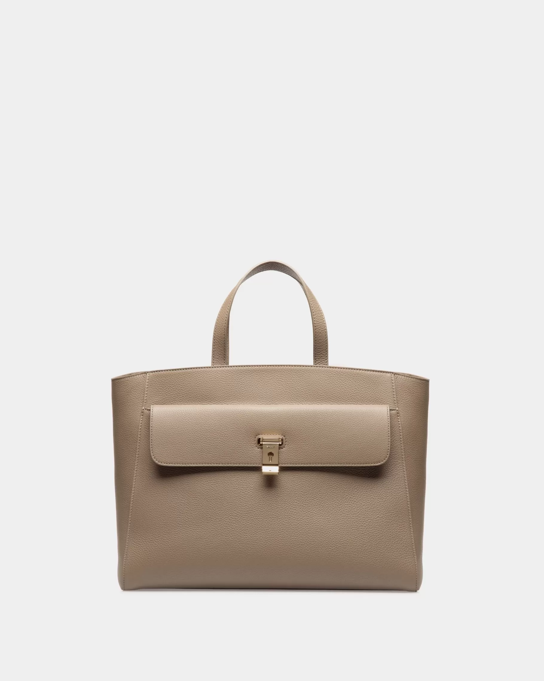 Tote Bags<Bally Lock Me Tote Bag In Taupe Grained Leather Brown