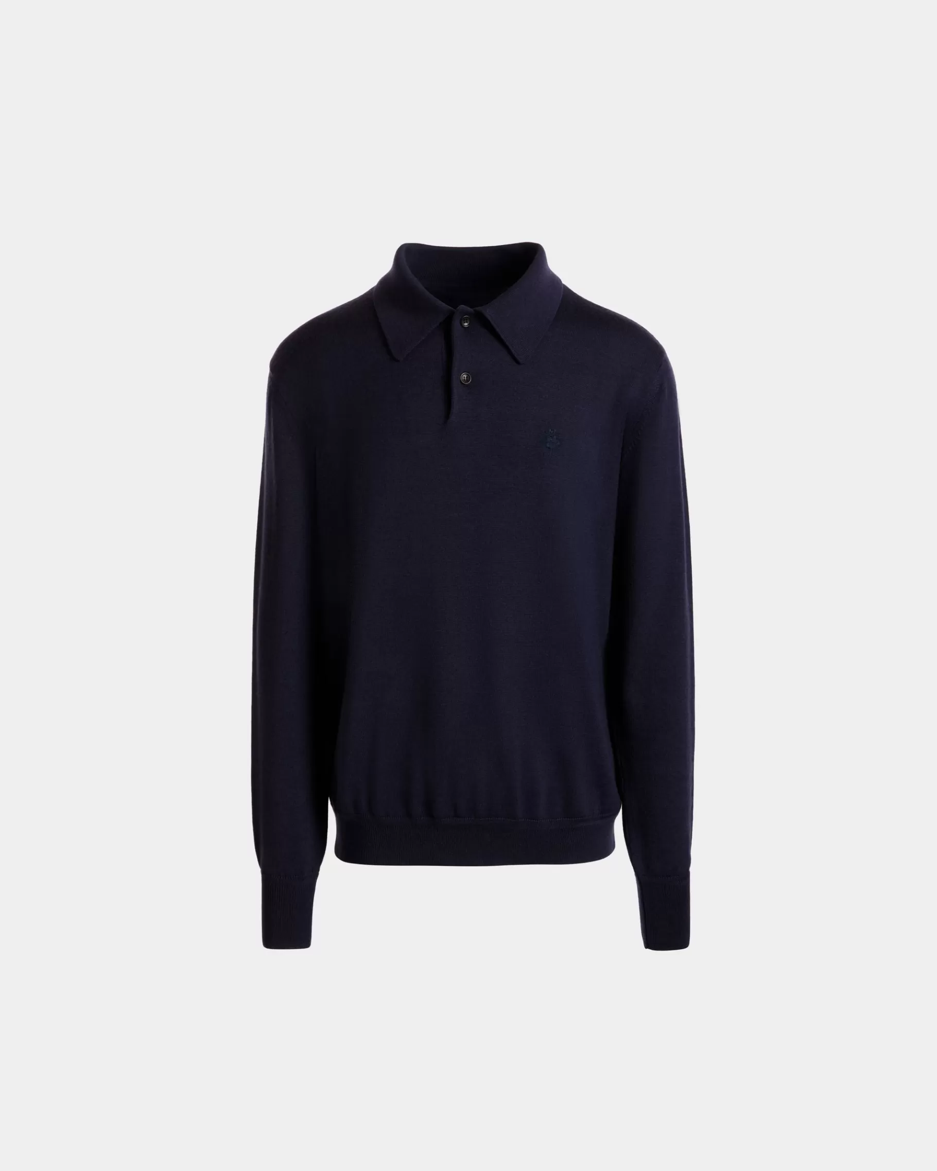 Shirts & T-shirts | Knitwear<Bally Long Sleeve Polo With Crest Logo in Navy Cashmere Blend Blue