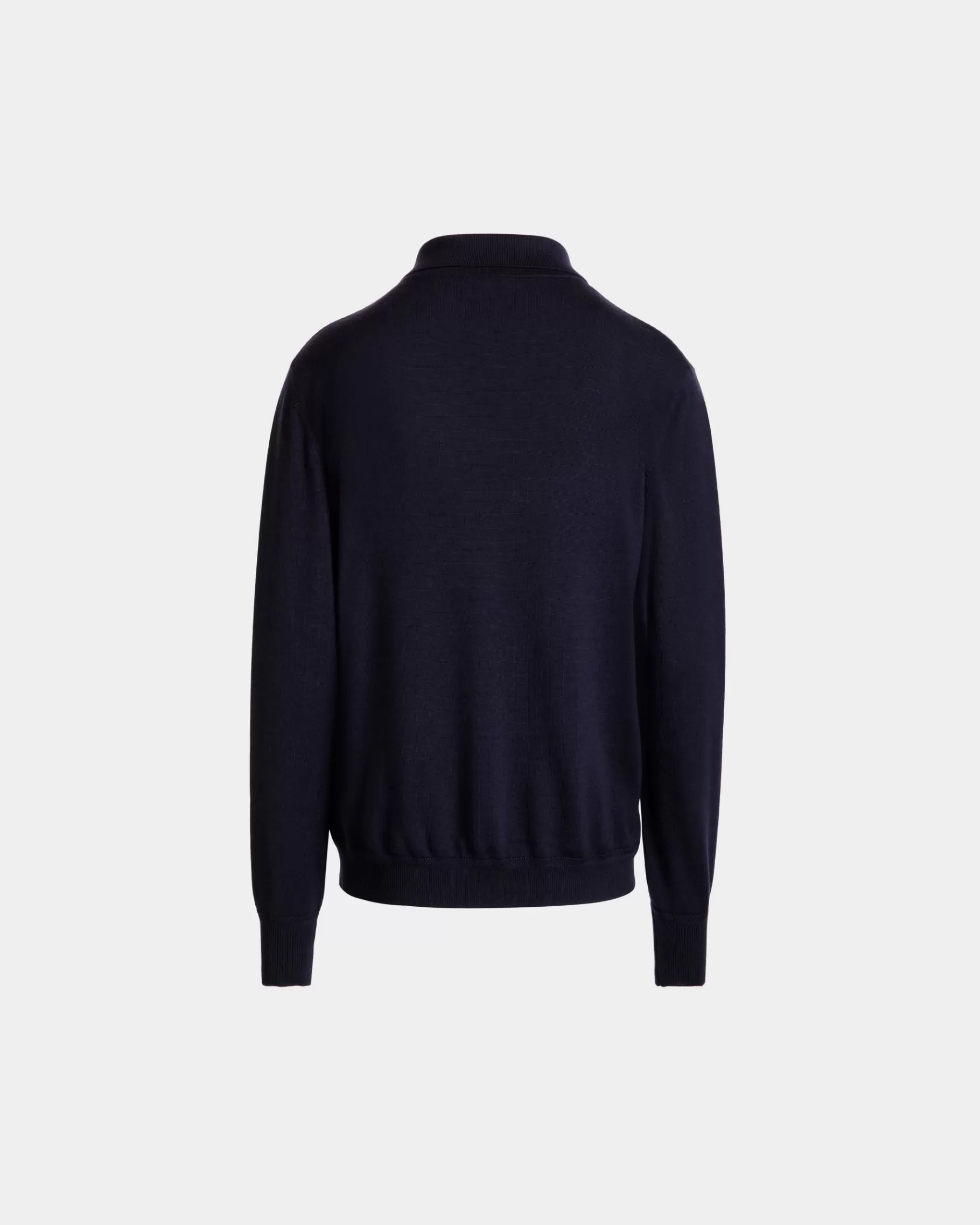 Shirts & T-shirts | Knitwear<Bally Long Sleeve Polo With Crest Logo in Navy Cashmere Blend Blue