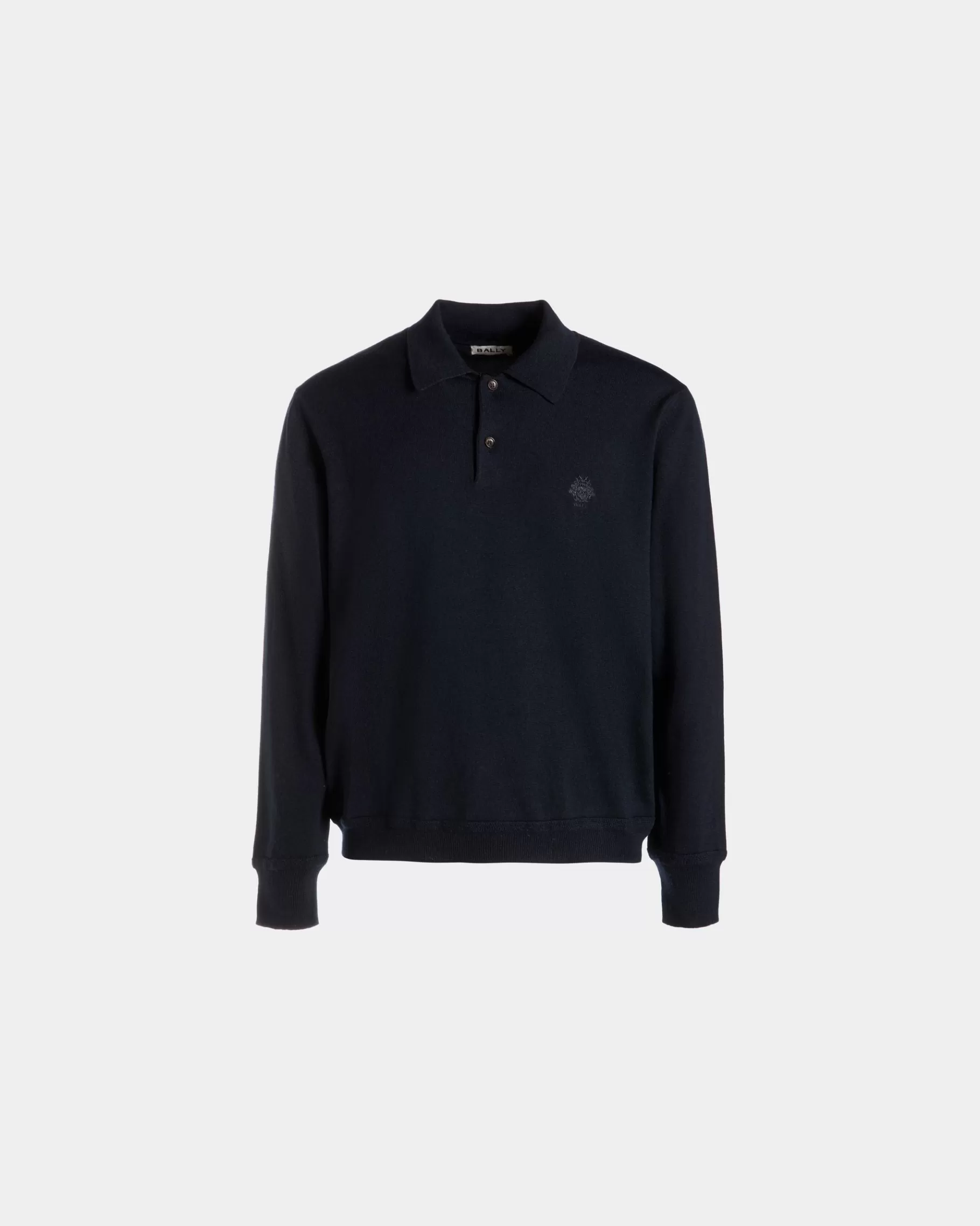 Shirts & T-shirts | Knitwear<Bally Long Sleeve Polo With Crest Logo In Navy Wool Blue