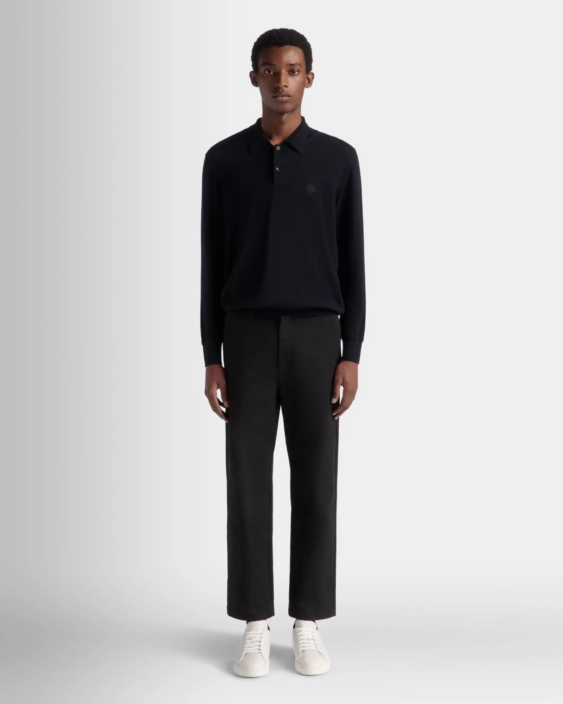 Shirts & T-shirts | Knitwear<Bally Long Sleeve Polo With Crest Logo In Navy Wool Blue