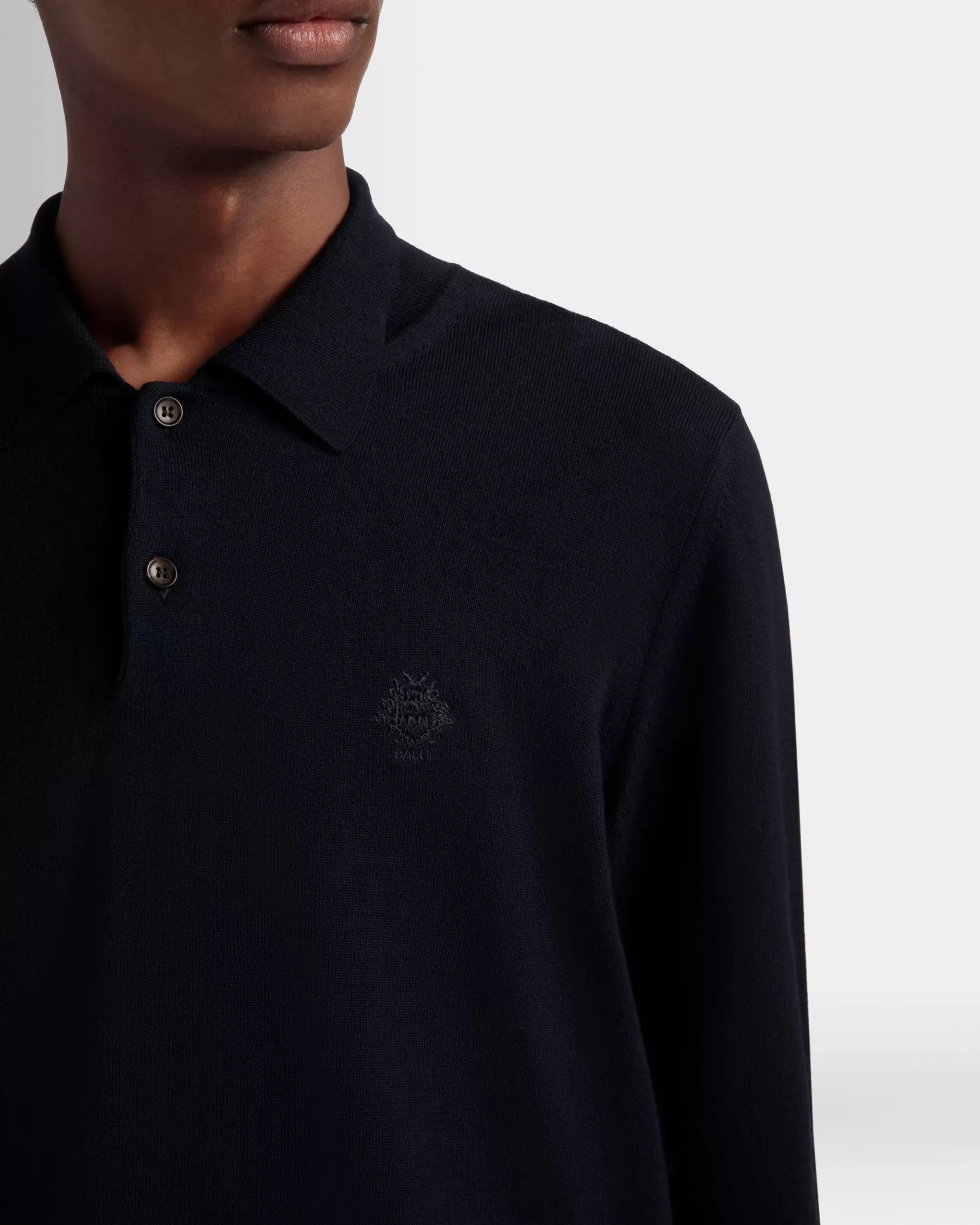 Shirts & T-shirts | Knitwear<Bally Long Sleeve Polo With Crest Logo In Navy Wool Blue