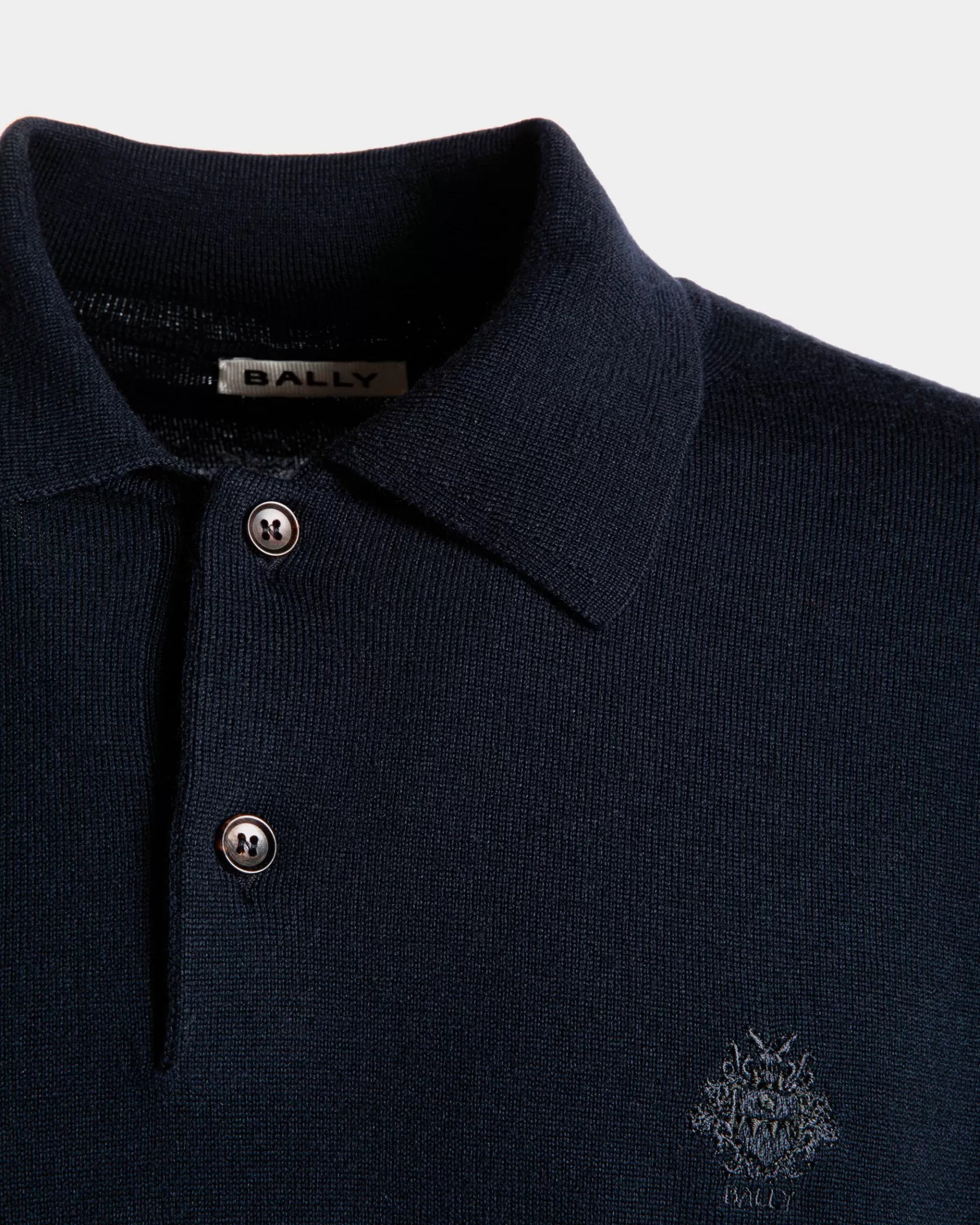 Shirts & T-shirts | Knitwear<Bally Long Sleeve Polo With Crest Logo In Navy Wool Blue