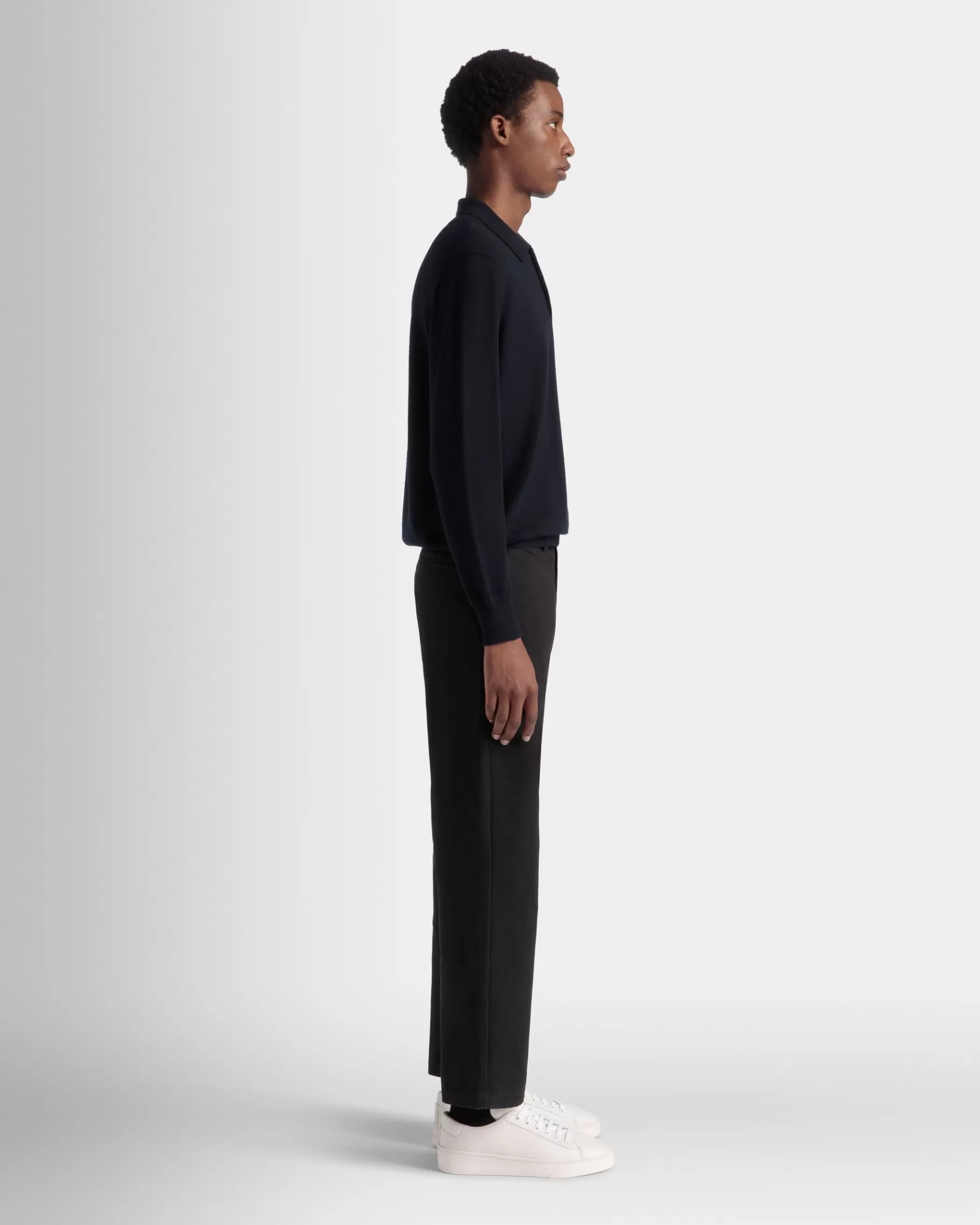 Shirts & T-shirts | Knitwear<Bally Long Sleeve Polo With Crest Logo In Navy Wool Blue