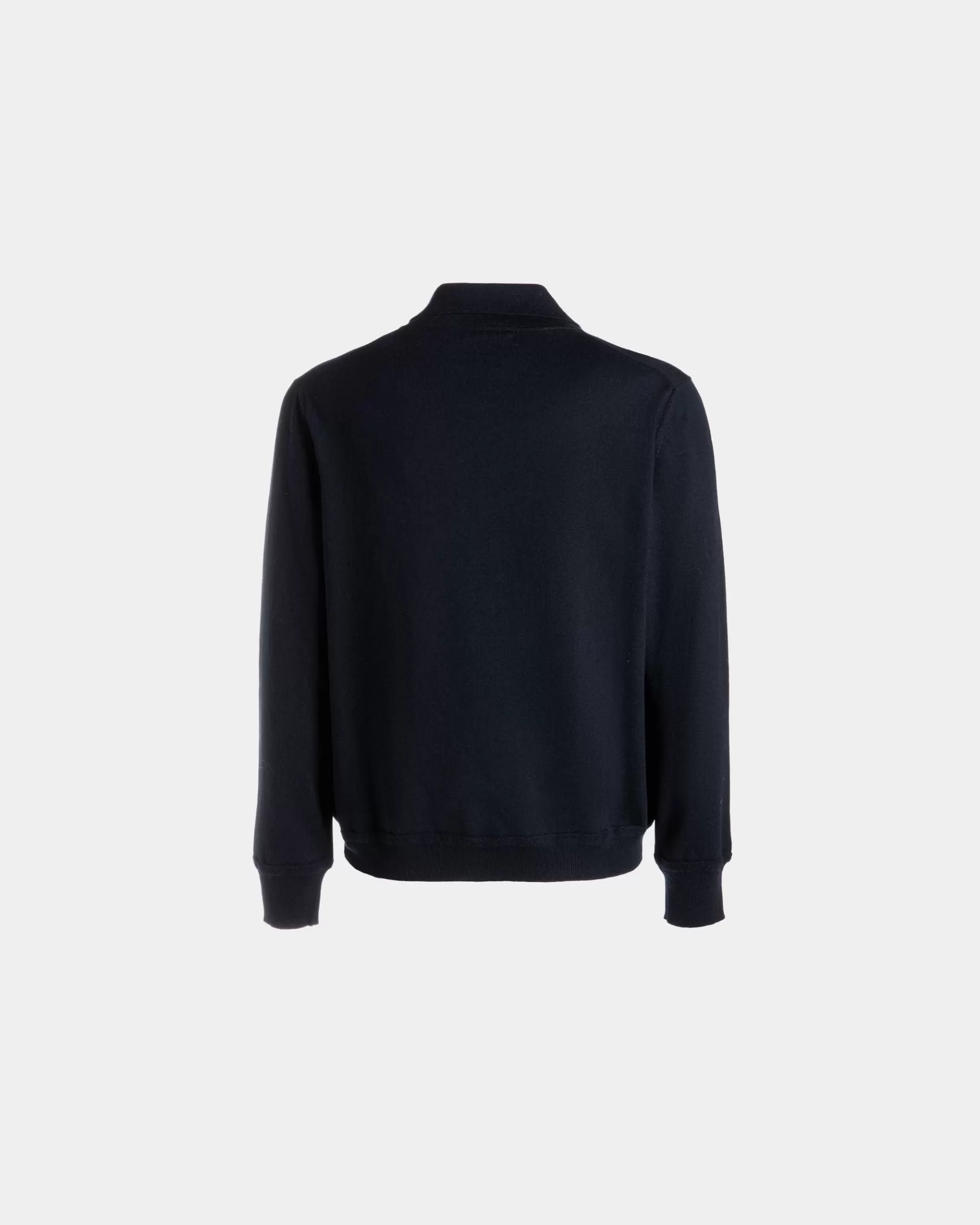 Shirts & T-shirts | Knitwear<Bally Long Sleeve Polo With Crest Logo In Navy Wool Blue