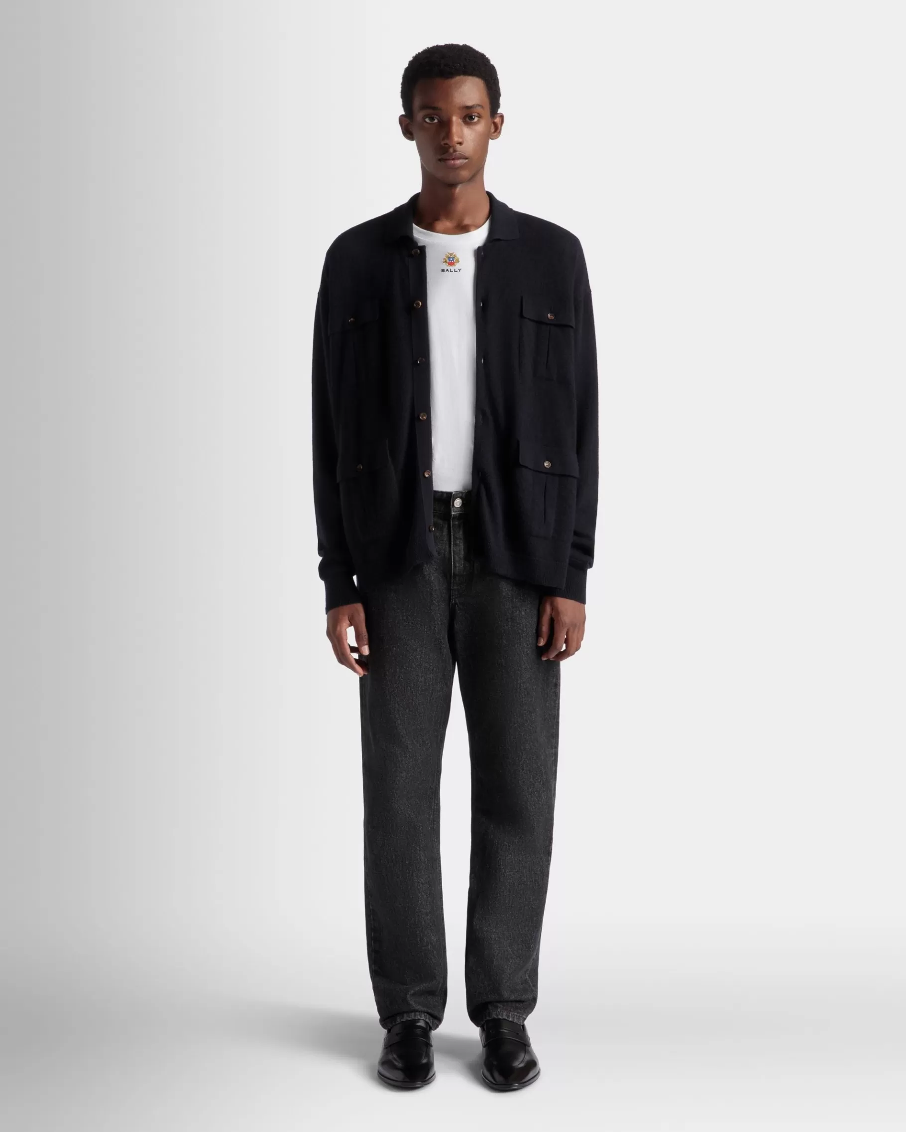 Shirts & T-shirts | Knitwear<Bally Long Sleeve Shirt With Logo In Navy Cashmere Blue