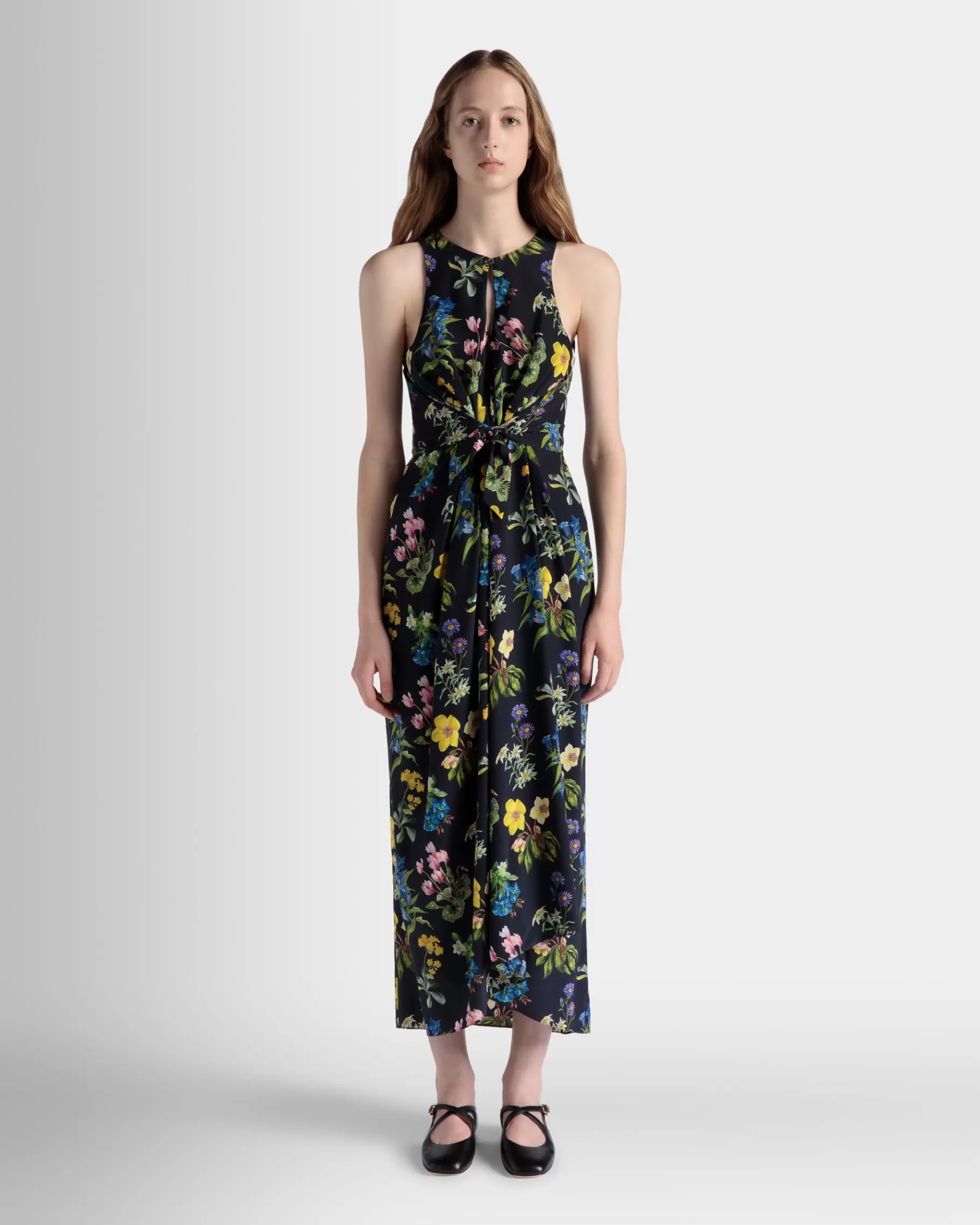 Dresses & Skirts<Bally Sleeveless Midi Dress In Mountain Flower Print Silk Blue